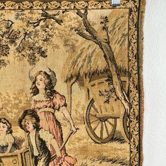 Antique Made in Italy Square Woven Tapestry Wall Decor Kids Playing Gathering - Picture 3 of 7